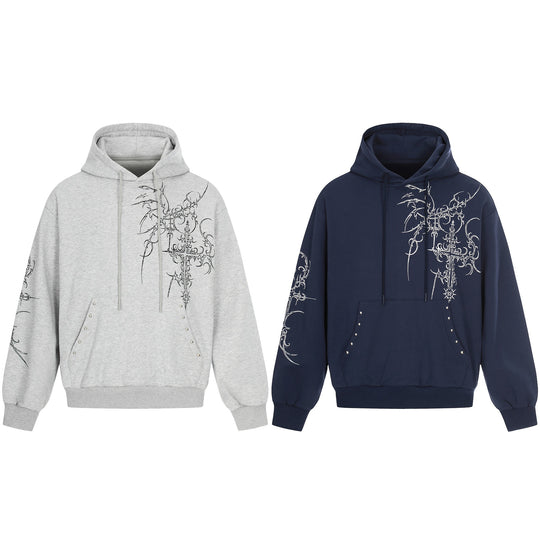 Herren Oversize Kapuzenpullover mit ornamentalem Kreuz‑Print und Nieten Shop Nory
