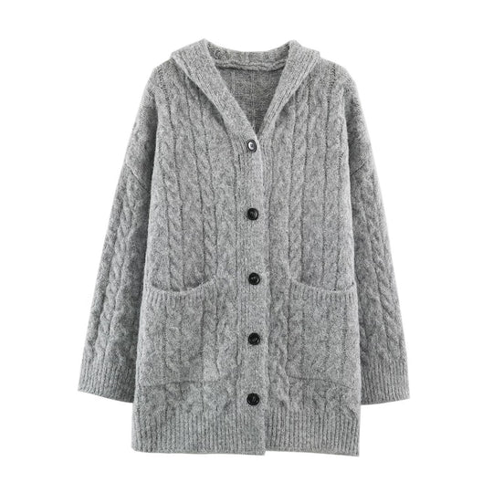 Damen Langgestrickter Kapuzen-Cardigan mit Zopfmuster und Knopfleiste Shop Nory