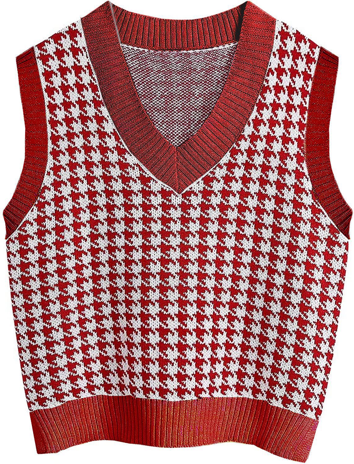 Damen ärmellose Strickweste mit modernem Hahnentrittmuster