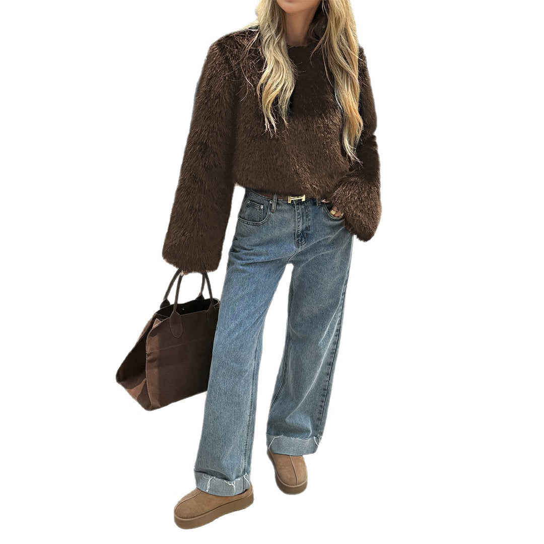 Damen nan kuscheliger Cropped-Faux-Fur-Pullover mit ausgestellten Ärmeln Shop Nory