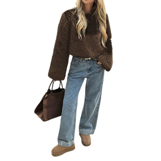 Damen nan kuscheliger Cropped-Faux-Fur-Pullover mit ausgestellten Ärmeln Shop Nory