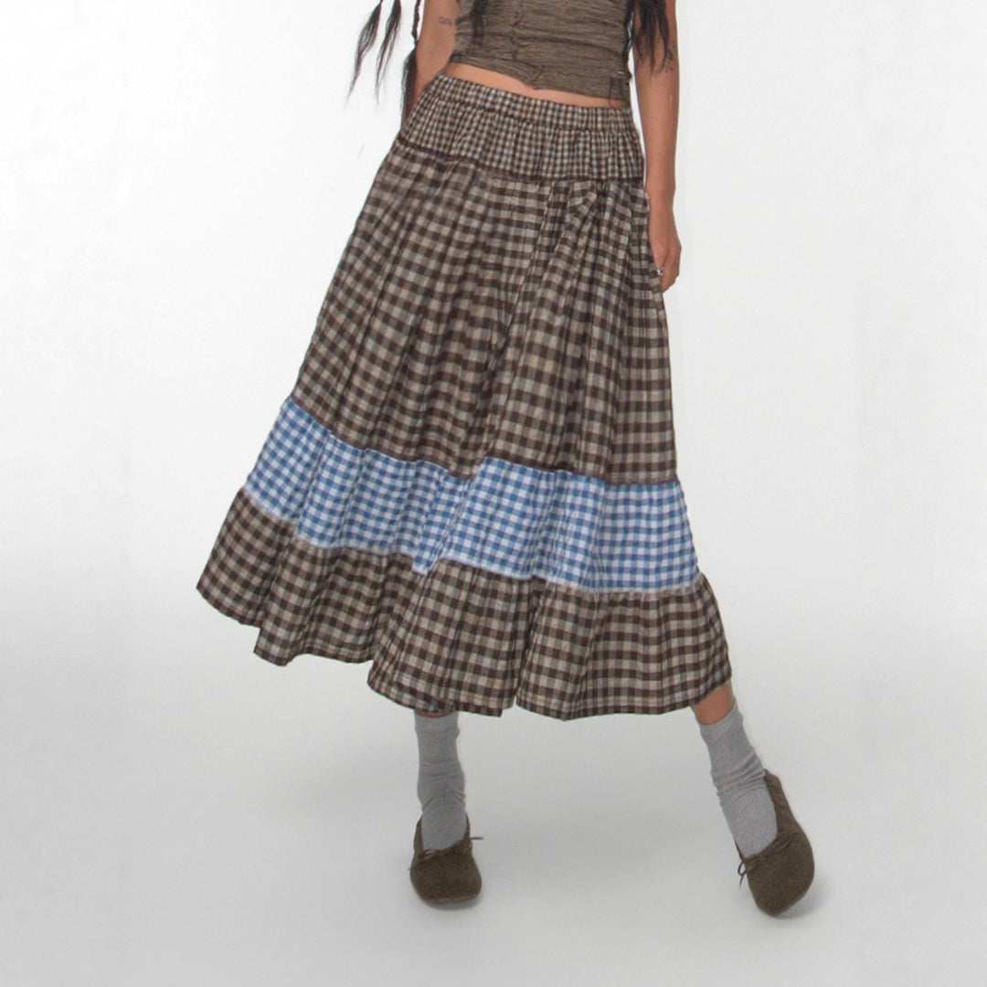Damen nan mehrlagiger Baumwoll-Stufenrock mit elastischem Taillenbund, kontrastierendem Gingham-Band und Volant Shop Nory