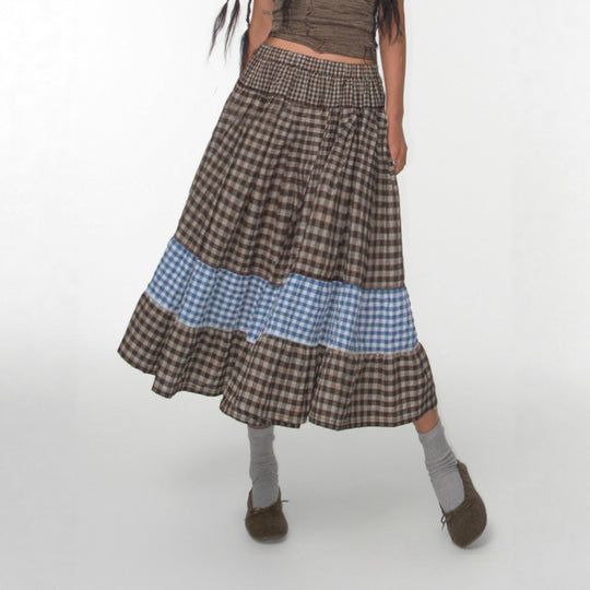 Damen nan mehrlagiger Baumwoll-Stufenrock mit elastischem Taillenbund, kontrastierendem Gingham-Band und Volant Shop Nory
