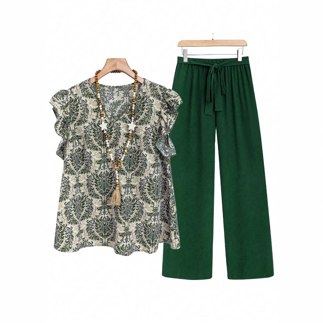 Damen Zweiteiliges Ensemble mit Rüschen-Printbluse und weitem Taillen-Hosenmodell Shop Nory