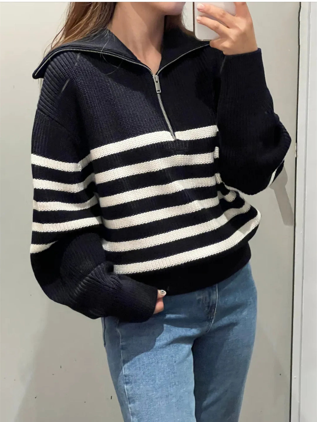 Damen Gestreifter Half‑Zip Strickpullover mit Matrosenkragen und überschnittener Schulter Shop Nory