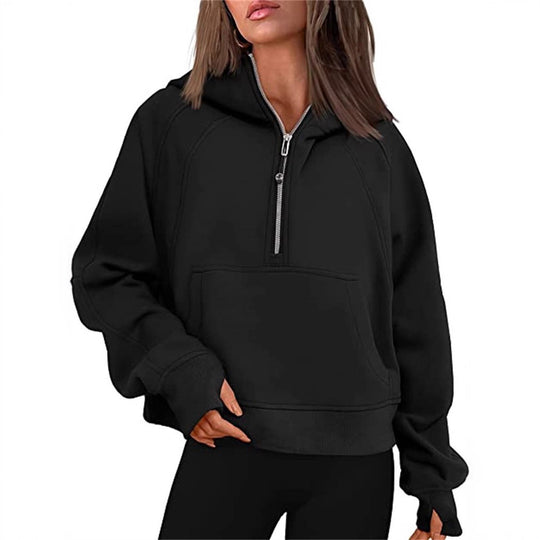 Damen Kurz geschnittener Kapuzenpullover mit halbem Reißverschluss und Kängurutasche Shop Nory