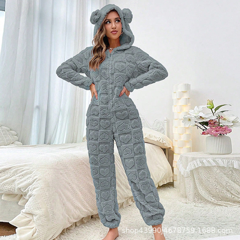Damen Gemütlicher Fleece-Overall mit Kapuze