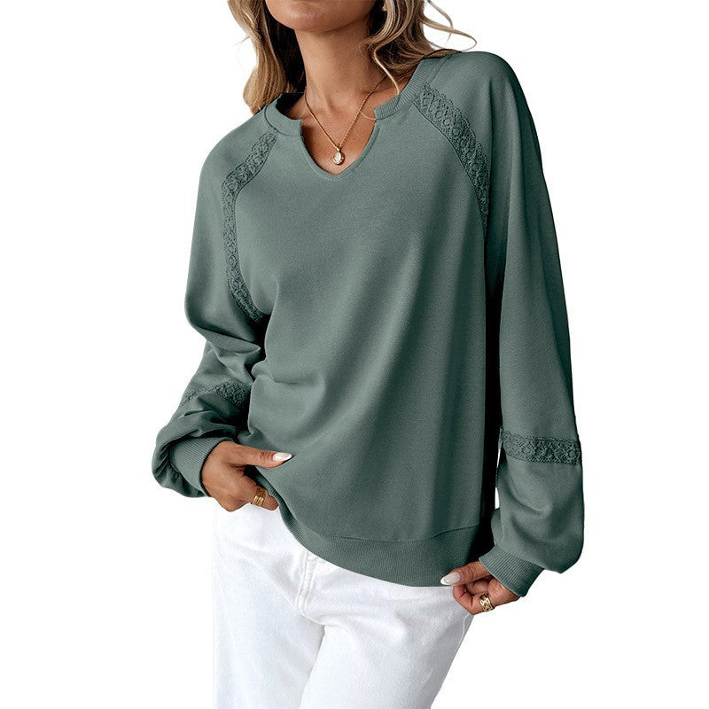 Damen Lässiges Sweatshirt mit V-Notch, Spitzeneinsätzen und Ballonärmeln Shop Nory