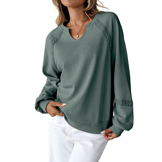 Damen Lässiges Sweatshirt mit V-Notch, Spitzeneinsätzen und Ballonärmeln Shop Nory