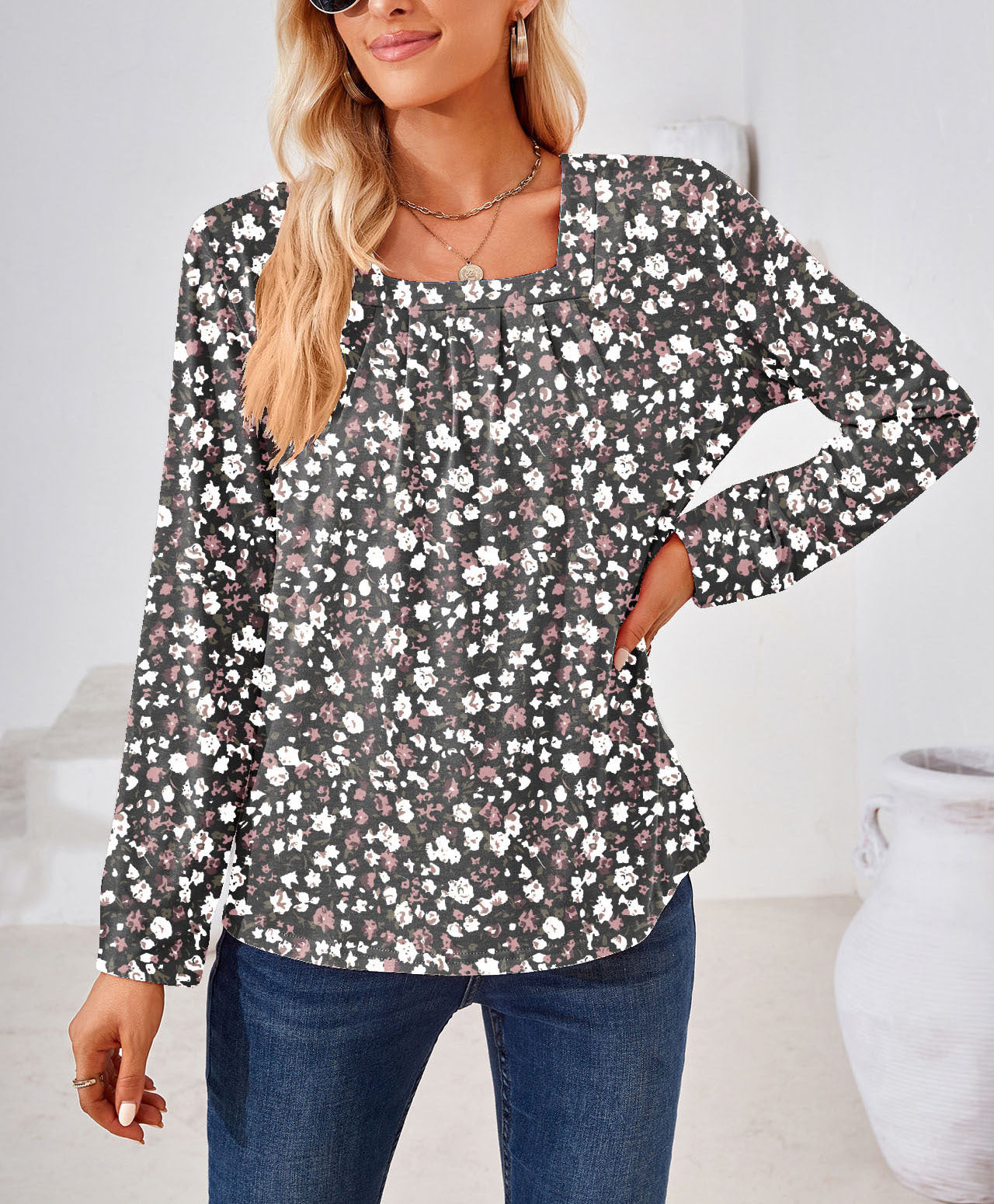 Damen florales Langarmbluse mit elegantem Quadrat-Ausschnitt Shopnory