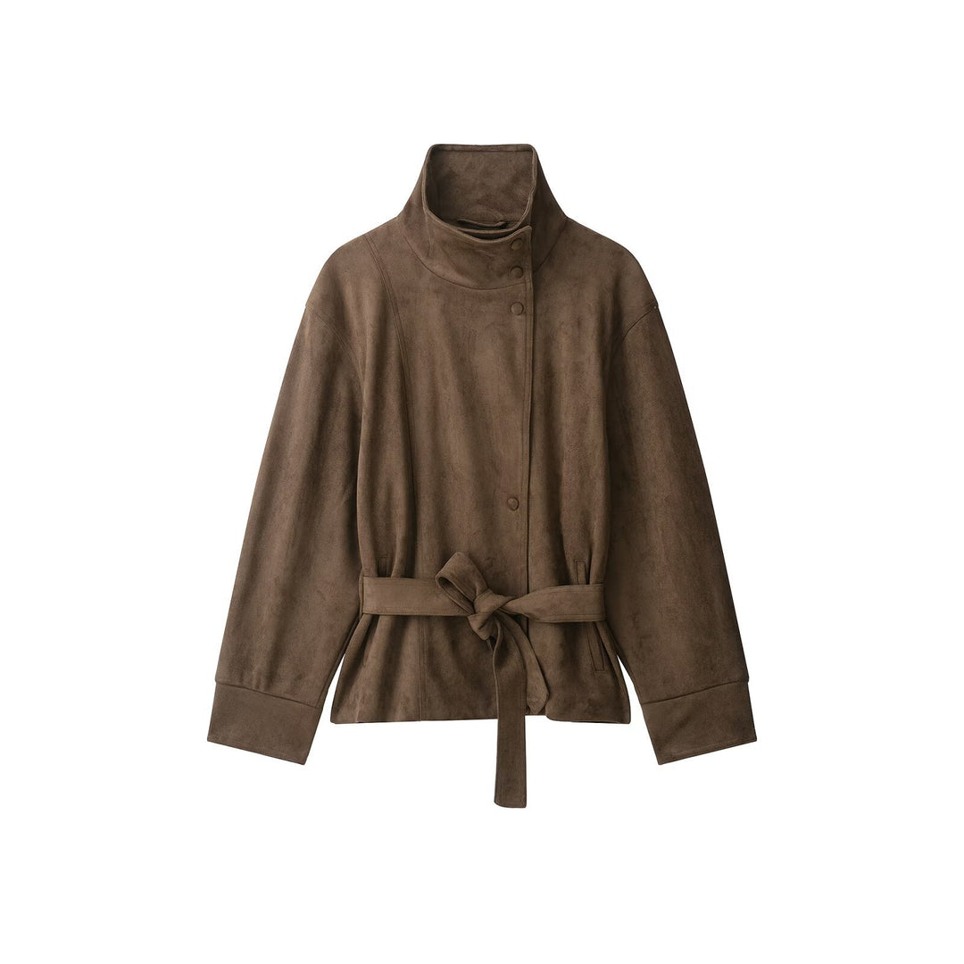 Damen Kurzjacke in Wildlederoptik mit hohem Funnelkragen und Bindegürtel Shop Nory