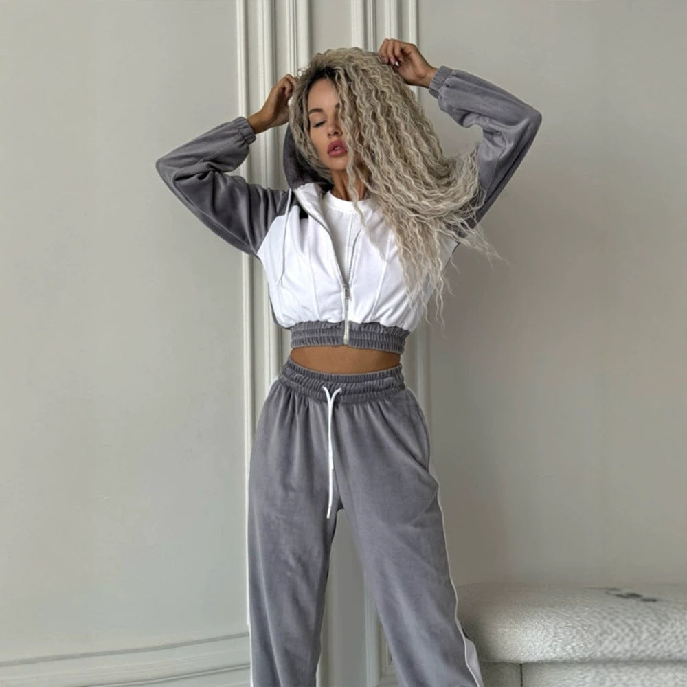 Damen kurz geschnittenes Samt-Trainingsset mit tailliertem Reißverschluss-Hoodie und weit geschnittener hochtaillierter Loungehose Shop Nory