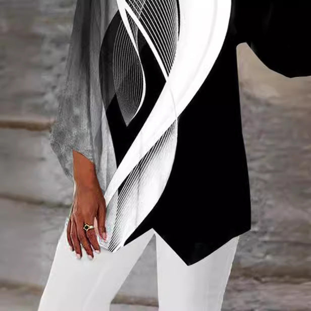 Damen asymmetrisches Langarmshirt mit Grafikdruck und Fledermausärmeln Shop Nory