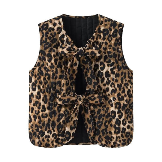 Damen Ärmellose Leoparden-Print-Weste mit Bindeschleifen und strukturierter Oberfläche Shop Nory