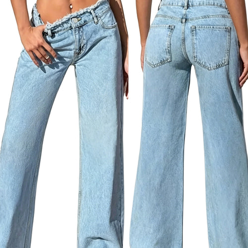 Damen High-Waist Schlagjeans mit rohem Bund und weitem Bein Shop Nory