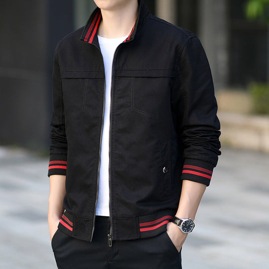 Herren moderner Canvas-Bomberjacke im Worker‑Stil mit gestreiften Rippbündchen und Reißverschluss Shop Nory