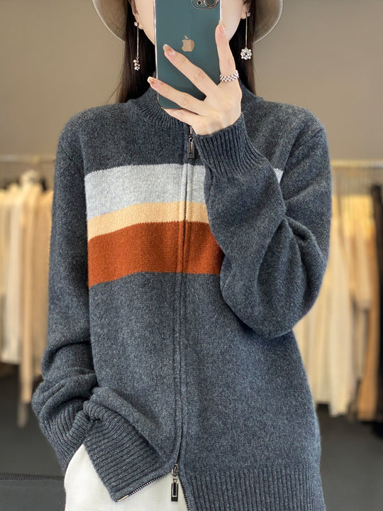 Damen Reißverschluss-Strickcardigan aus weichem Wollmix mit Blockstreifen und geripptem Saum Shop Nory