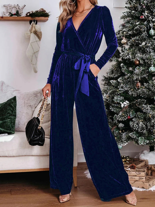 Damen Samt‑Jumpsuit mit Wickel‑V‑Ausschnitt, weitem Bein und Taillengürtel Shop Nory