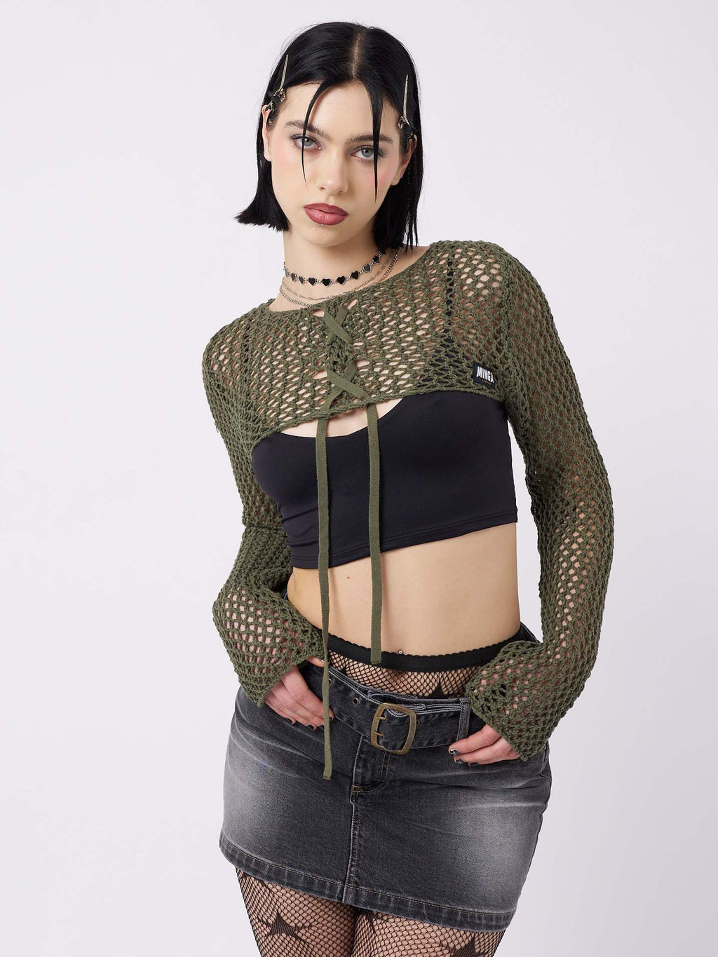 Damen luftiger Netzpullover mit BindR&Bändern