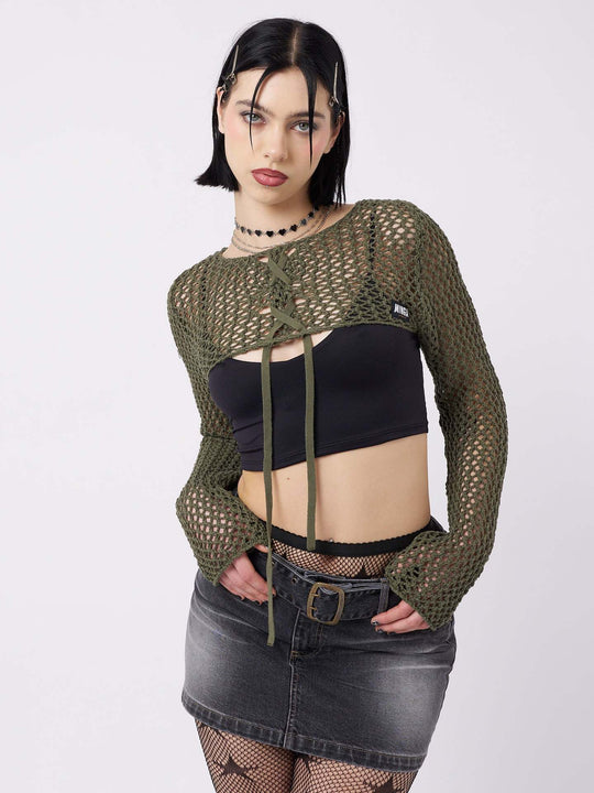Damen luftiger Netzpullover mit BindR&Bändern