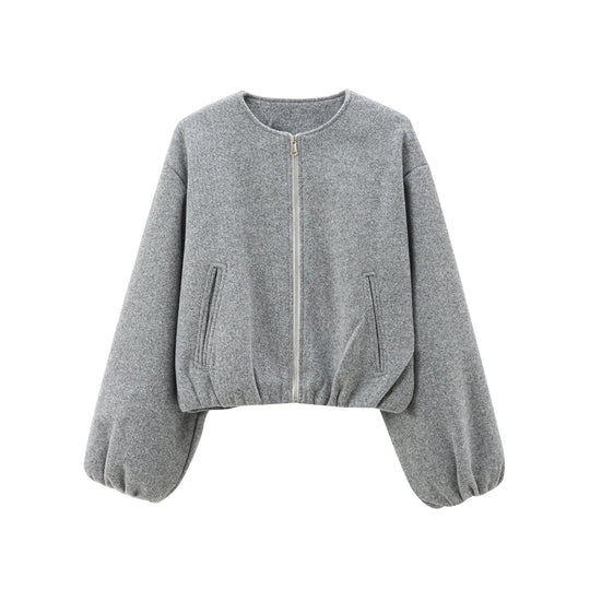 Damen Kurzer Wollmix-Bomber mit Rundhals, Reißverschluss und elastischem Saum Shop Nory