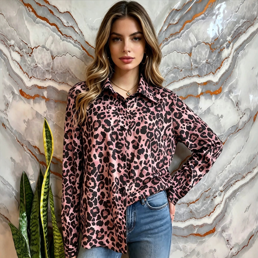 Damen Satin-Leopardenmuster Button-Up Bluse Shop Nory