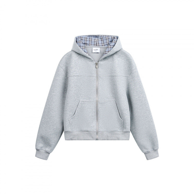 Damen Boxy-Kapuzen-Sweatjacke mit durchgehendem Reißverschluss, kariert gefütterter Kapuze und Kängurutaschen Shop Nory