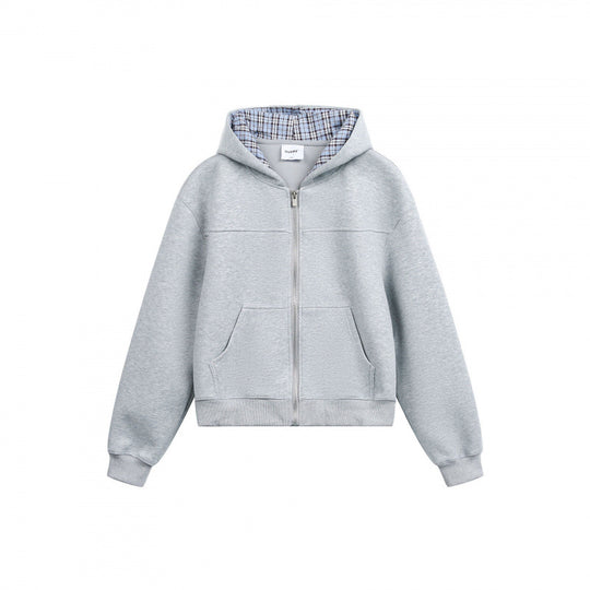 Damen Boxy-Kapuzen-Sweatjacke mit durchgehendem Reißverschluss, kariert gefütterter Kapuze und Kängurutaschen Shop Nory