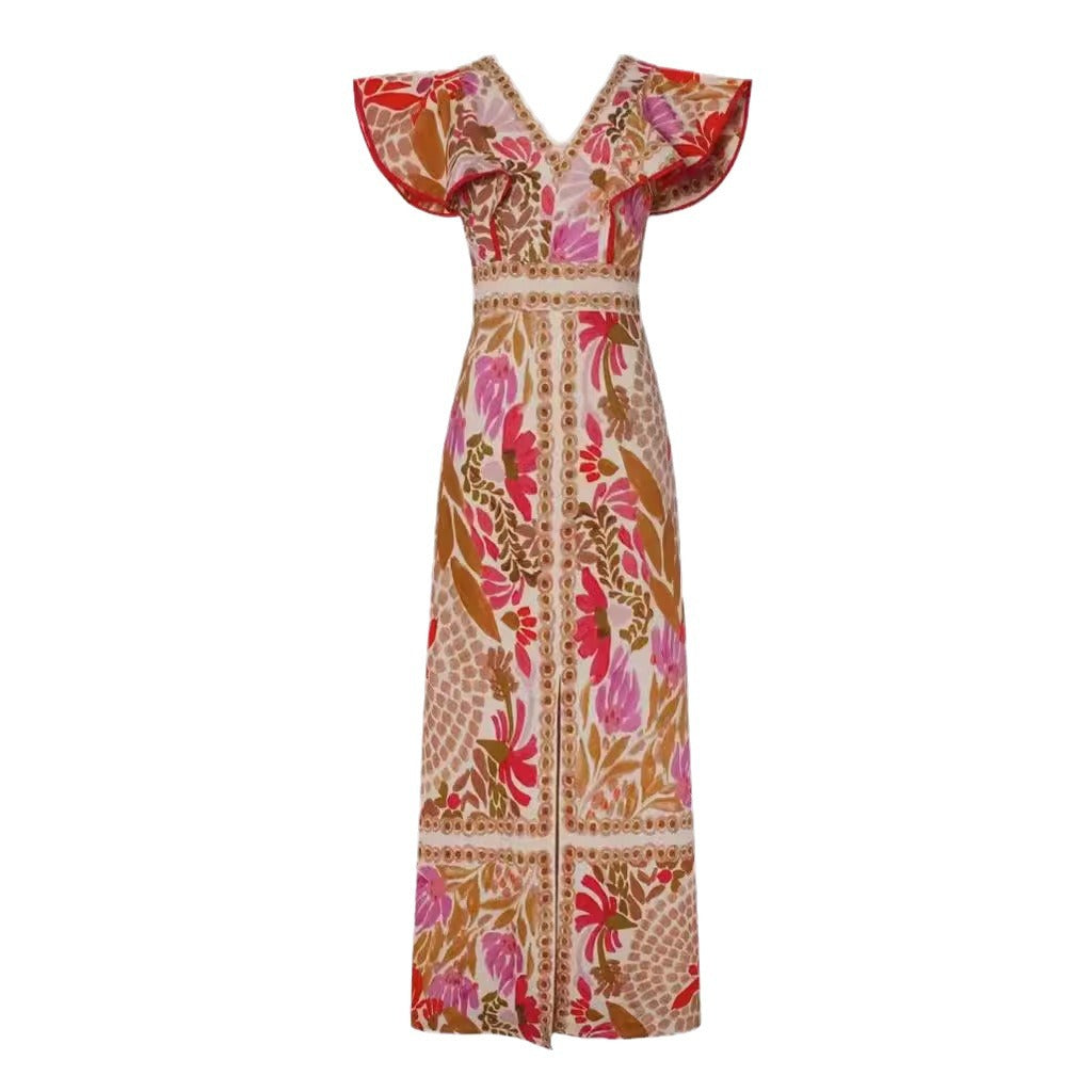 Damen Maxikleid mit farbenfrohem floralem Muster und Volantärmel