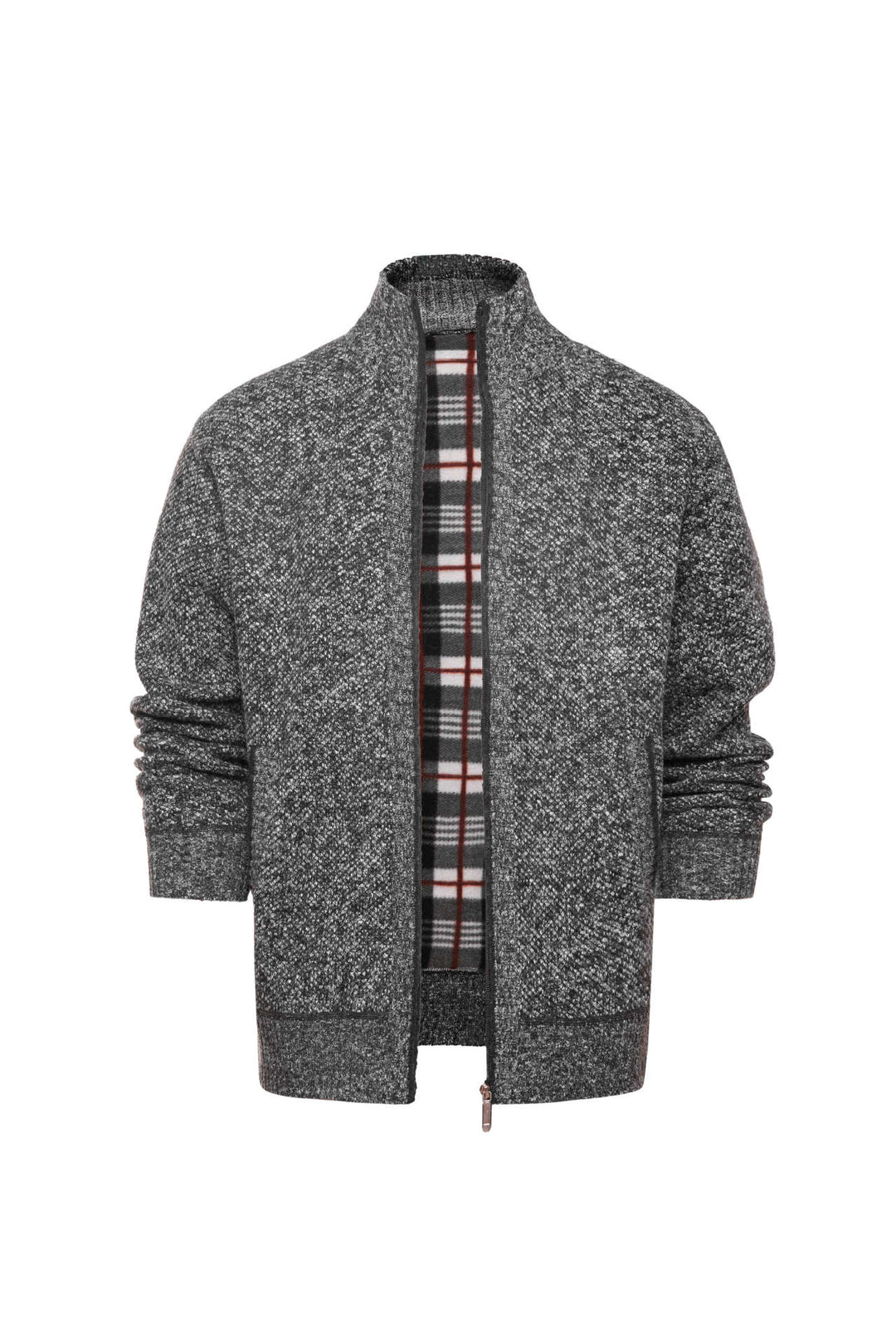 Herren gebürstete Strickjacke mit kariertem Thermofutter und Stehkragen Shop Nory
