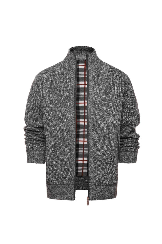 Herren gebürstete Strickjacke mit kariertem Thermofutter und Stehkragen Shop Nory