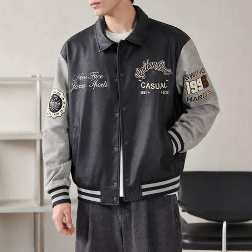 Herren Varsity-Lederoptik Collegejacke mit Kontrastärmeln, gestickten Patches und geripptem Saum Shop Nory