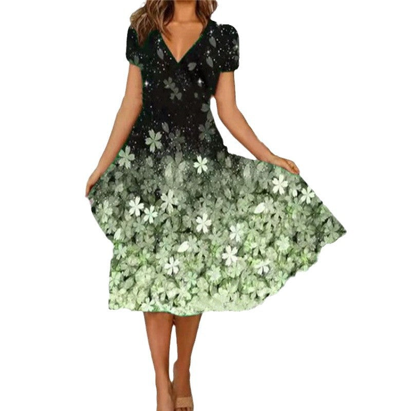 Damen A-Linie Sommerkleid mit V-Ausschnitt und floralen Akzenten