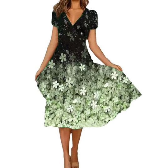 Damen A-Linie Sommerkleid mit V-Ausschnitt und floralen Akzenten