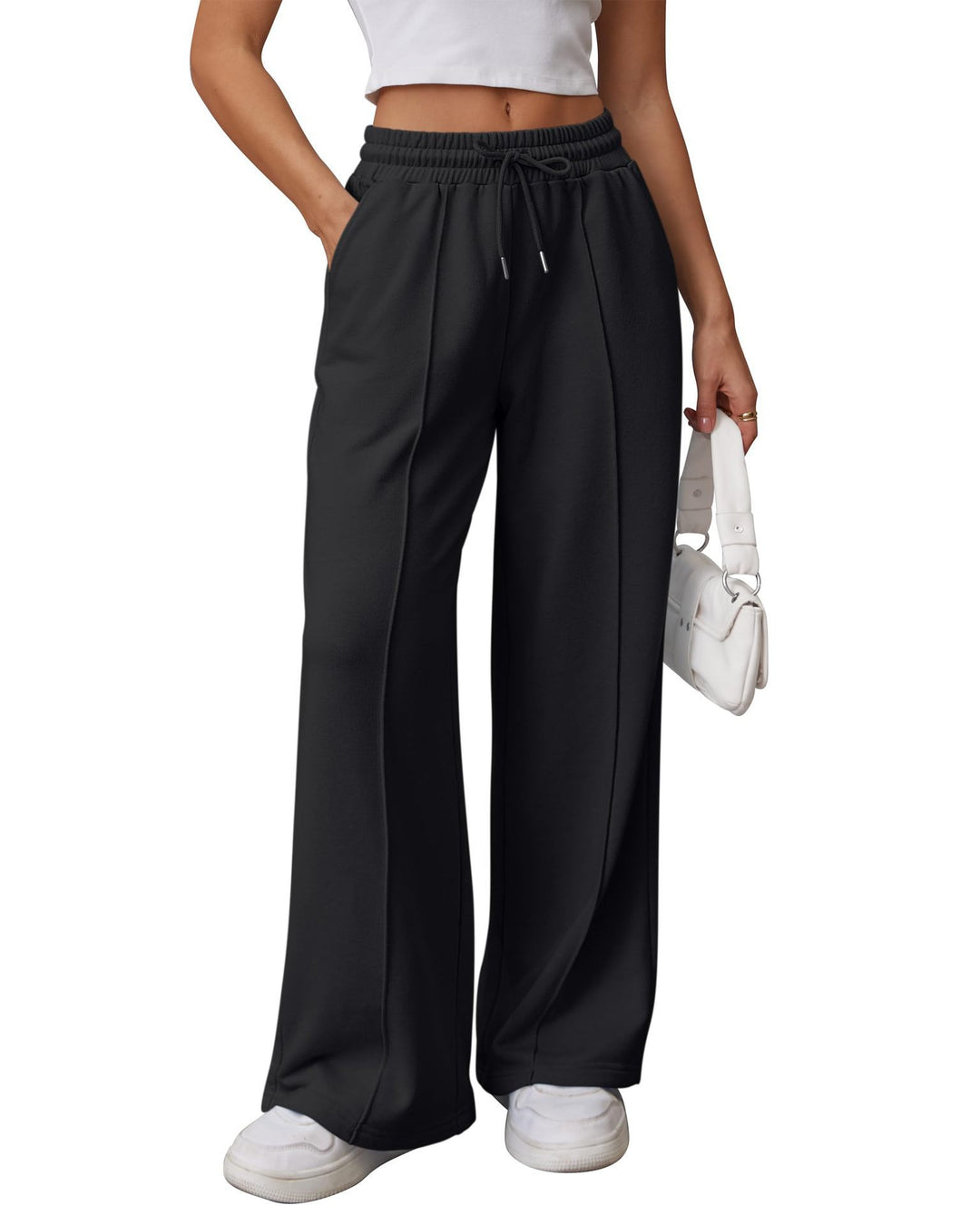Damen nan High-Waist Relax-Freizeithose mit doppeltem Rippbund, sichtbarer Bügelfalte und weitem Bein Shop Nory