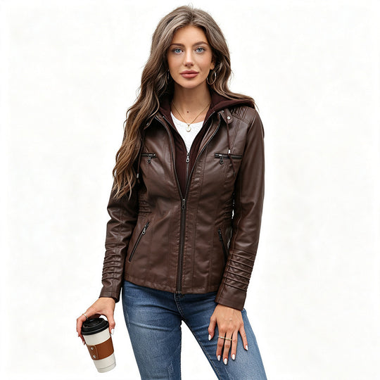 Damen Taillierte Kunstlederjacke mit abnehmbarer Kapuze und Reißverschluss Shop Nory