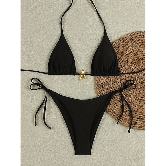 Damen Triangel-Bikini mit goldenen Akzenten und verstellbaren Trägern