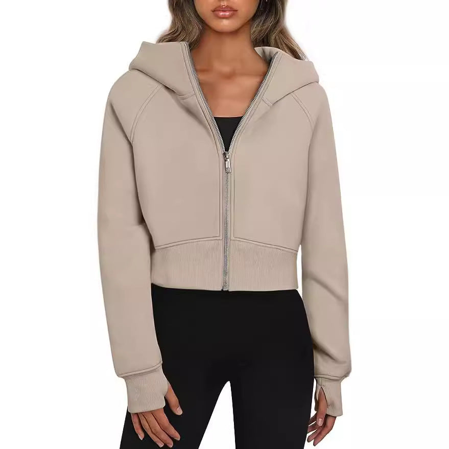 Damen Kurz geschnittener Performance-Kapuzenpullover mit durchgehendem Reißverschluss und Daumenlochbündchen Shop Nory