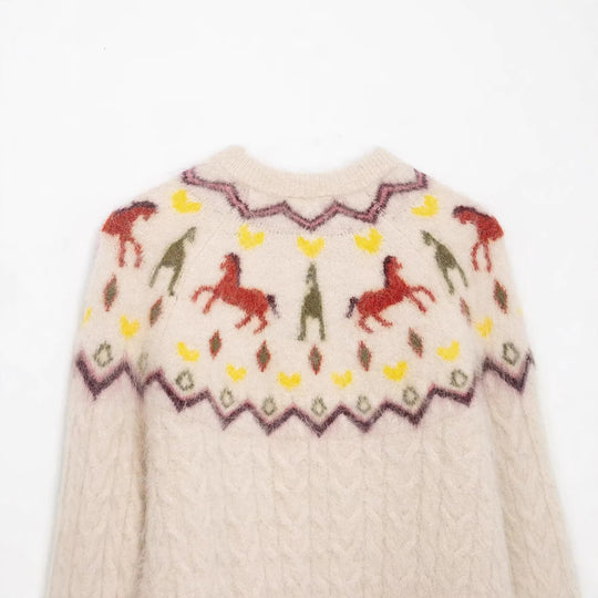 Damen Strickcardigan mit Norwegermuster und Pferde-Motiv, Zopfmuster und Knopfleiste Shop Nory