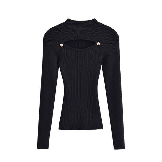 Damen Gerippter Stretch-Feinstrickpullover mit Brust-Cut-Out und Zierknöpfen Shop Nory