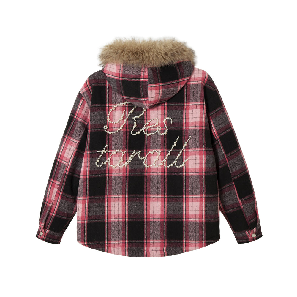 Damen karierter Wollmix-Blouson mit abnehmbarem Kunstfellkragen und Perlenapplikation Shop Nory