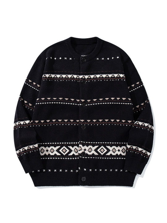 Unisex Strukturierte Jacquard-Strickjacke mit Rundhalsausschnitt, Oversize-Passform und Knopfleiste Shop Nory