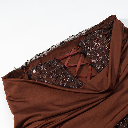 Damen Abendkleid mit schulterfreiem Drape‑Oberteil und Pailletten‑Einsatz Shop Nory