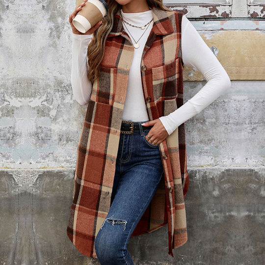 Damen Ärmellose karierte Longweste mit Hemdkragen Shop Nory