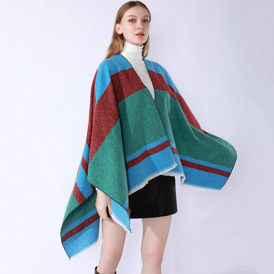 Damen Leichter Capeponcho aus Feinstrick mit geometrischem Blockstreifen-Design Shop Nory