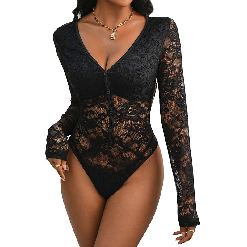 Damen Figurbetonter Spitzen-Body mit durchscheinender Spitze, V‑Ausschnitt und Zierknopfleiste Shop Nory