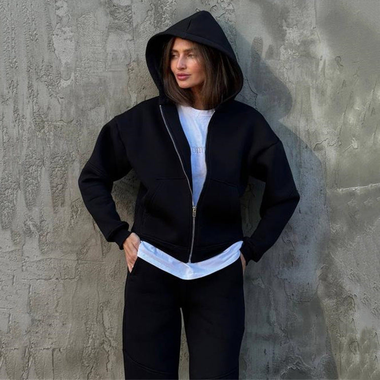 Damen kurzes Zip-Hoodie und hochtaillierte Komfort-Jogginghose-Set aus weichem Fleece Shop Nory