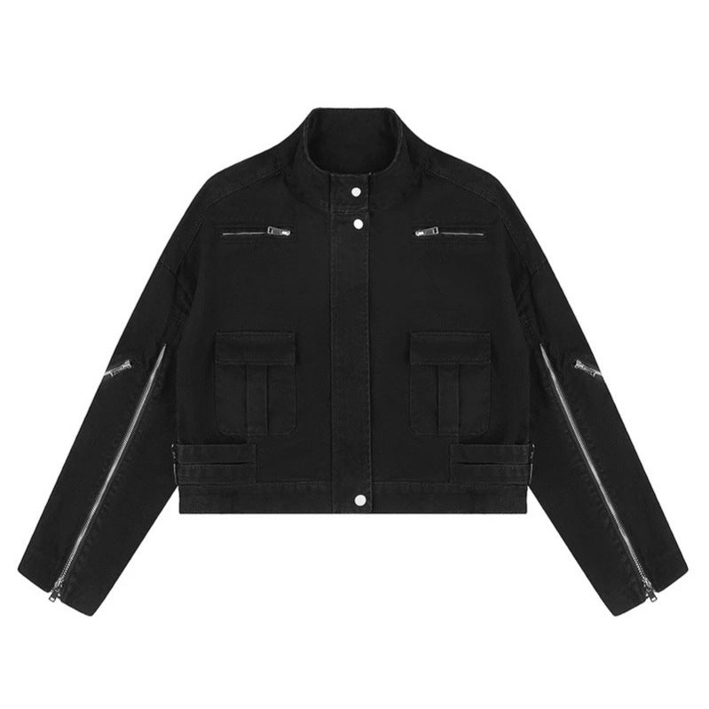 Damen Cropped Utility-Jacke mit Stehkragen, Mehrfachtaschen und Reißverschlussärmeln Shop Nory