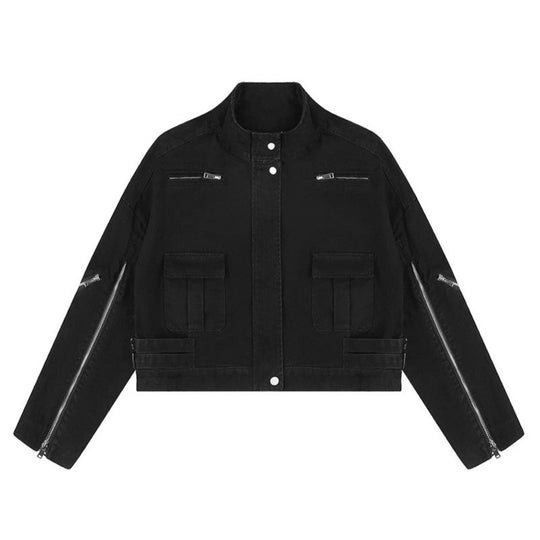 Damen Cropped Utility-Jacke mit Stehkragen, Mehrfachtaschen und Reißverschlussärmeln Shop Nory