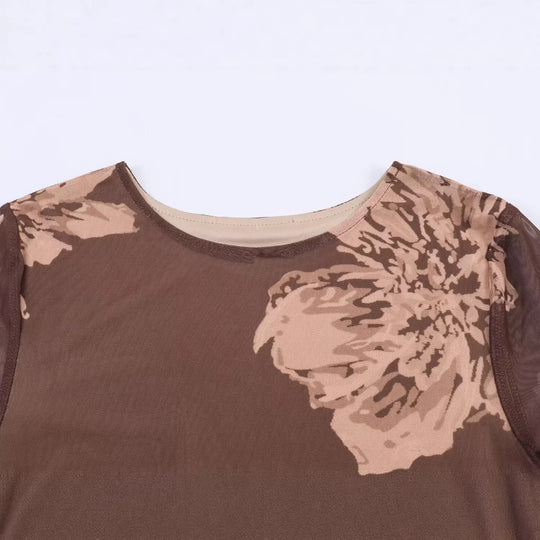 Damen Maxikleid mit semi-transparentem Mesh-Overlay, langen Ärmeln und ausgestellter A-Linie Shop Nory